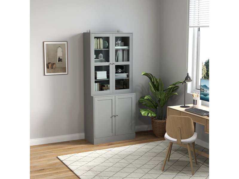  Bibliothèque vitrine, meuble de rangement à 6 niveaux avec 4 portes dont 2 en verre trempé, étagères réglables, gris  - Conforama C