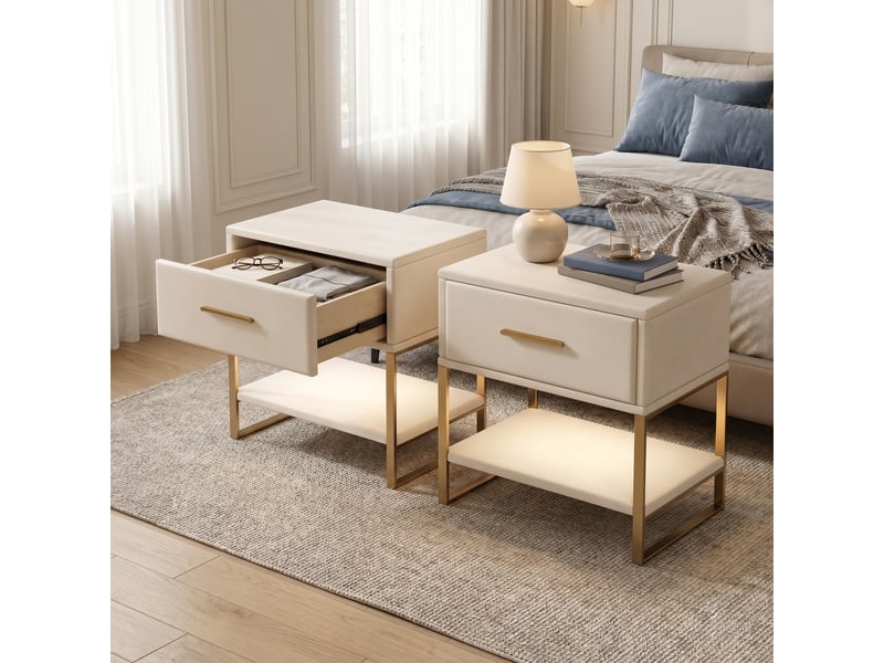  Lot de 2 tables de chevet, 40x31x50cm, avec tiroir et led, en velours et métal, style moderne, beige  - Conforama B