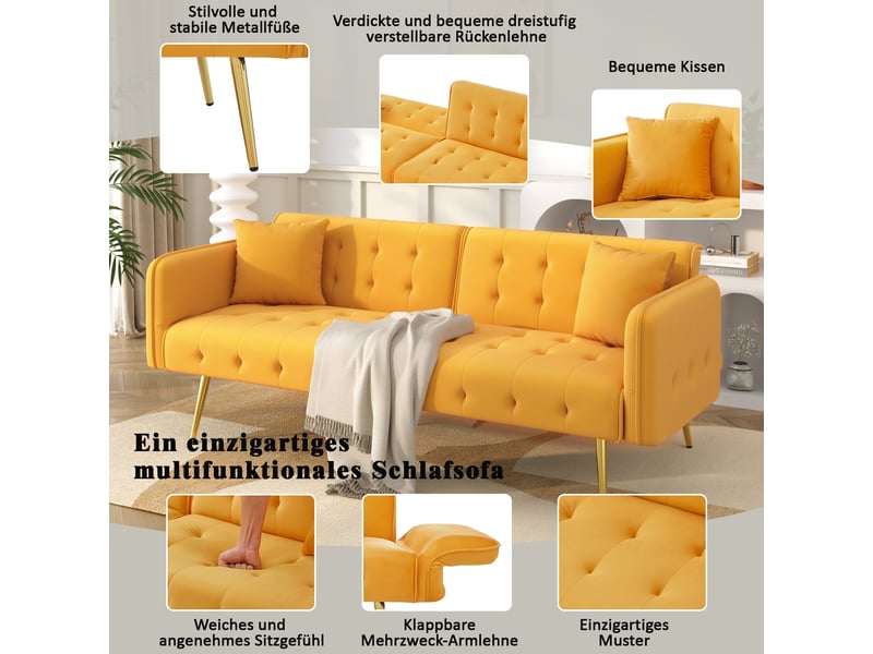 Canapé convertible 2 places, canapé en velours moderne avec dossier et accoudoirs réglables, pieds en métal doré, pour salon. - Conforama W