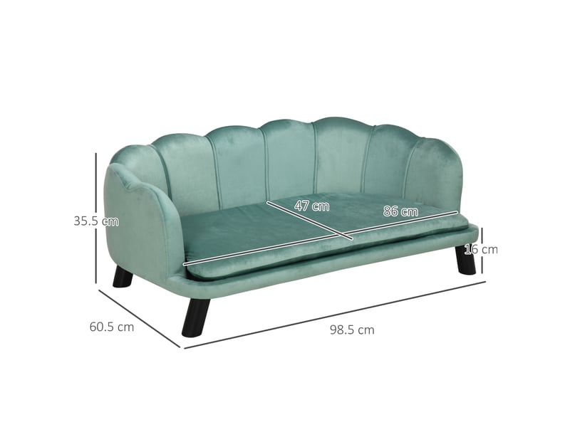  Canapé pour votre petit compagnon vert en tissu velours, dossier coquillage, 98,5 x 60,5 x 35,5 cm, assise surélevée et douce  - Conforama C