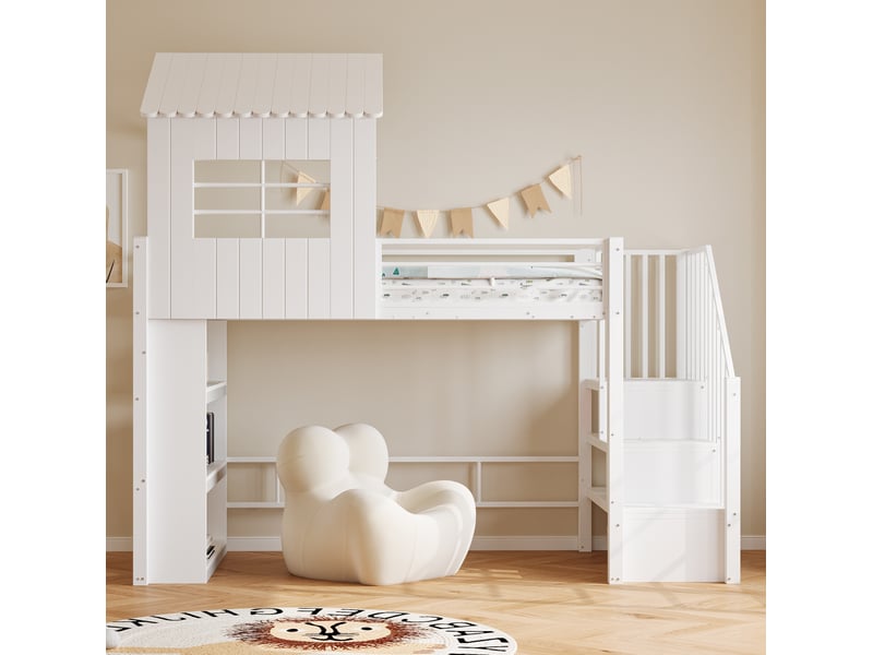 Lit mezzanine enfant 90 x 200 cm avec escalier réversible et rangements, blanc - Conforama D