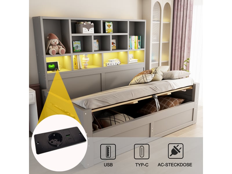  Lit coffre 90x200 cm - lit 1 personne avec rangement - tête de lit led - prises - étagères - gris  - Conforama E
