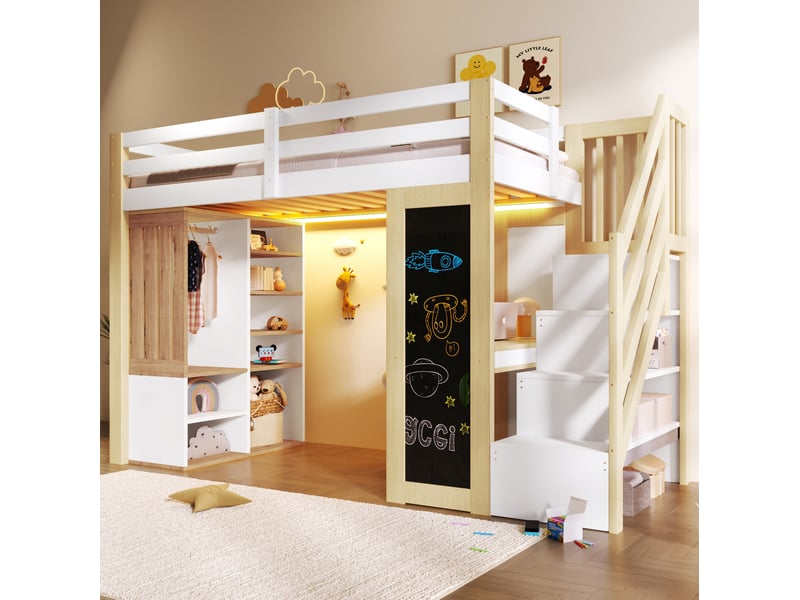 Lit mezzanine 90x200 cm, bureau, armoire, rangements, escalier, led, tableau, mdf et bois, blanc et naturel sans matelas - Conforama B