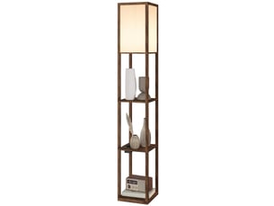 Lampadaire avec étagères, éclairage à intensité variable, interrupteur au pied et ports usb, marron