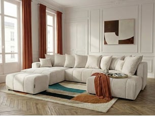 Canapé d'angle gauche convertible <strong>BOBOCHIC</strong> <strong>ROXELANE</strong> 6 places Tissu beige avec coffre de rangement