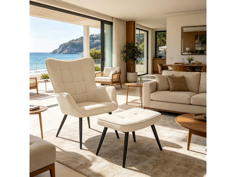  Fauteuil de salon avec repose-pieds 50x49x97cm – lounge chair relax avec dossier haut et pieds en métal – velours côtelé - beige  - Conforama D