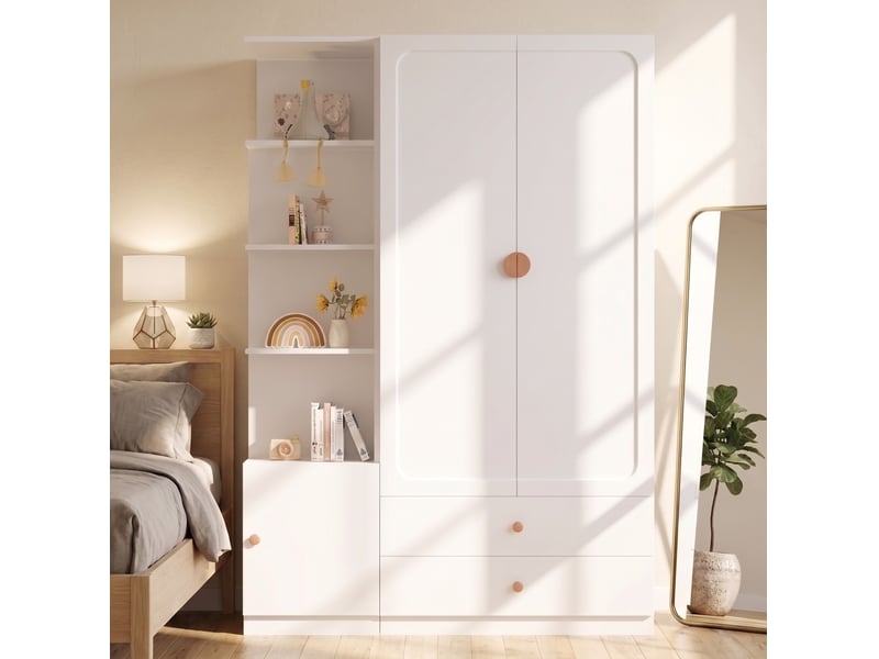 Armoire 135x45x200 cm à portes battantes, 2 tringles, 2 tiroirs, poignées en bois, mdf, bois et métal, blanc, rangement  - Conforama B