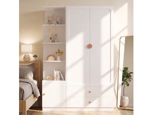 Armoire 135x45x200 cm à portes battantes, 2 tringles, 2 tiroirs, poignées en bois, mdf, bois et métal, blanc, rangement