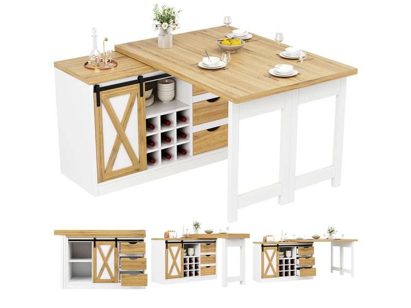 Îlot de cuisine extensible 120-197 cm avec table modulable, rangements et porte coulissante - Conforama D