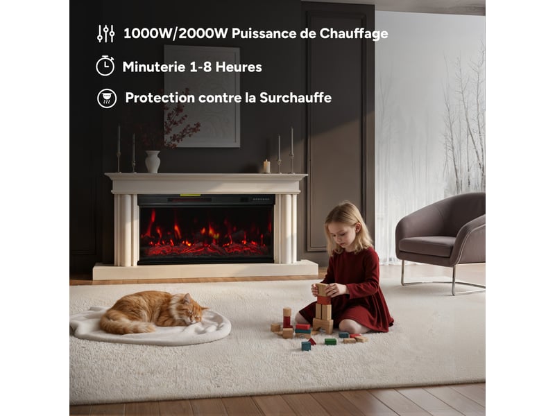 Homavo 36'' cheminée électrique, 1000/2000w, flamme 3d, cheminée sur pied encastrable, télécommande, minuterie, sécutité surchauffe - Conforama C