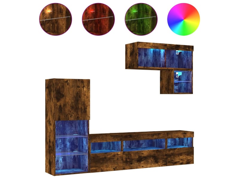  Meuble tv - unités murales tv avec led 6 pcs chêne fumé bois d'ingénierie  - Conforama A