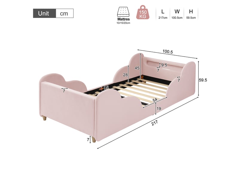  Lit enfant 90 × 200 cm 1 place avec barrière, usb, type-c et veilleuse, sans matelas, en velours rose  - Conforama D