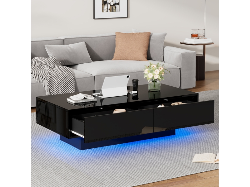  Table basse noire brillante avec éclairage led et 2 tiroirs, 115x55x34 cm, en panneaux de particules, noire  - Conforama R