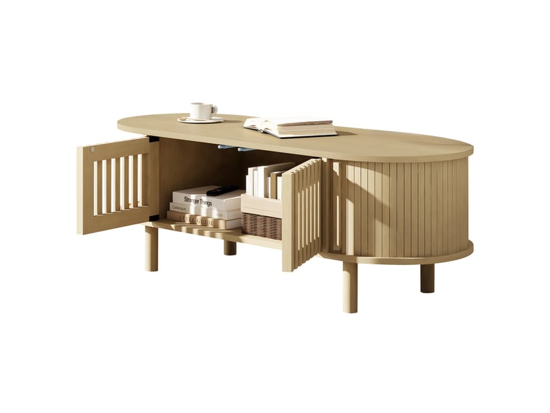  Table basse ovale 100x40x38 cm, 2 portes à lames et porte coulissante, en mdf et bois, coloris naturel  - Conforama A