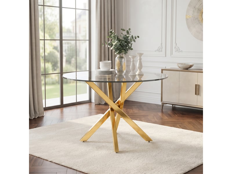  Table ronde 80x80x75 cm, design moderne, structure en métal doré et verre, polyvalente table basse ou d'appoint  - Conforama E
