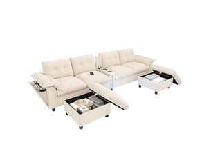 Canapé d'angle modulable - 6 places - forme l - rangements intégrés - éclairage led - usb et type-c - ottomans - pratique - beige
