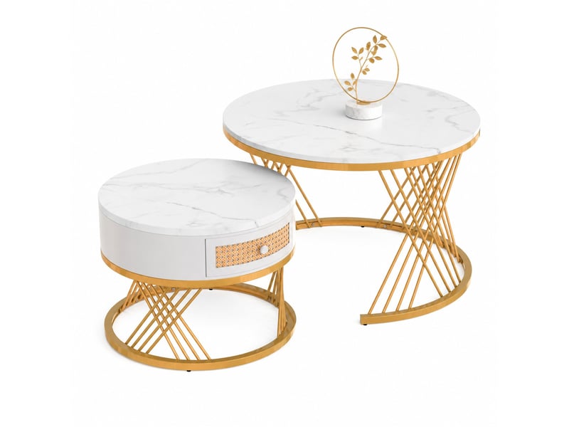  Table basse ronde, 70x70x45,5 cm, 2 pièces avec rangement, mdf, blanc  - Conforama A