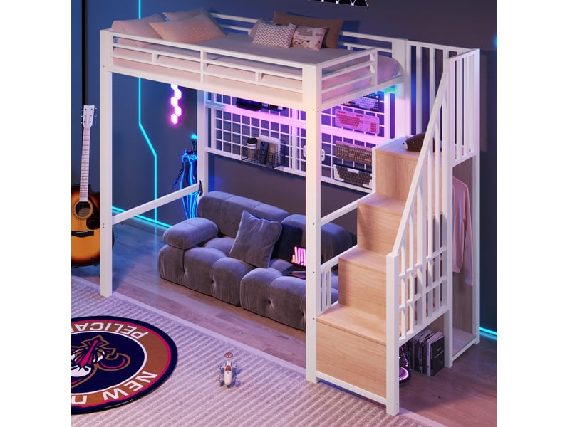 Lit mezzanine 90x200 cm avec échelle de rangement et éclairage led 7 couleurs en métal blanc - Conforama C