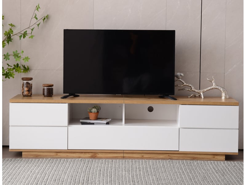  Meuble tv 180x38x46 cm, bicolore blanc et panneauxeffet bois, portes à motif grillagé, poignée intégrée, structure mdf  - Conforama B