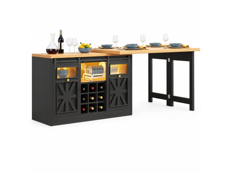  Buffet avec table extensible 4 à 6 places, plateaux pivotants et led, noir  - Conforama A