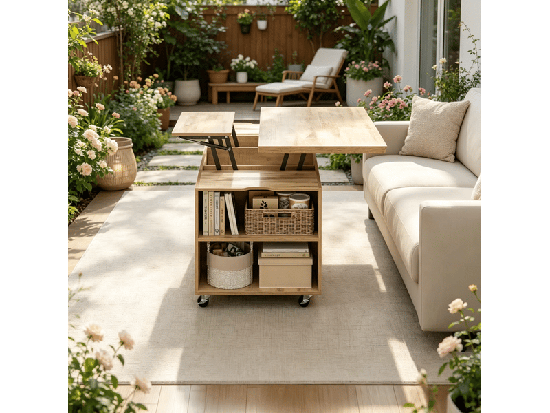 Table basse relevable et extensible 100x50,5x53 cm, 5 roulettes verrouillables, tiroir, bois et métal, chêne clair - Conforama D