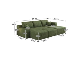 Canapé d’angle vert 5 places en velours côtelé, canapé en l pour salon, assise profonde et confort souple, longueur 241 cm
