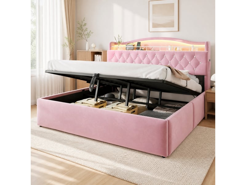  Lit coffre 180x200 cm led usb usb-c, tête de lit rangements, velours et métal, rose sans matelas  - Conforama B