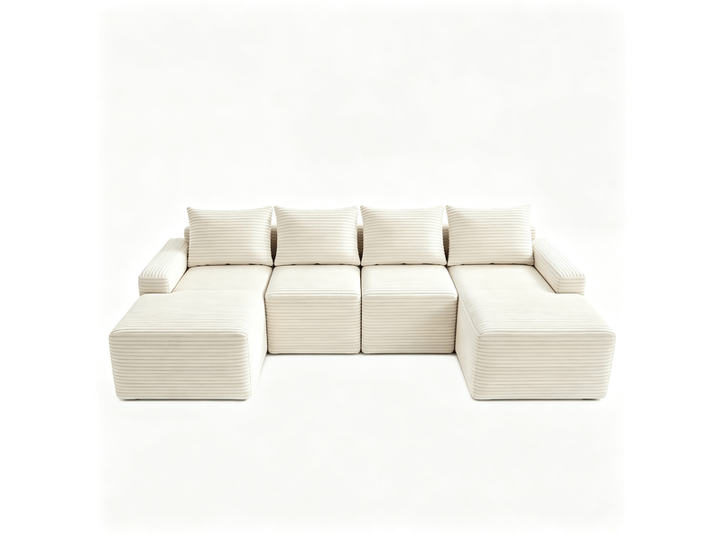  Canapé d'angle modulable 4 places avec méridienne, velours côtelé beige, design moderne pour salon élégant  - Conforama A