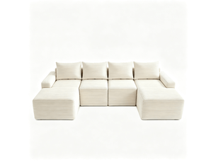 Canapé d'angle modulable 4 places avec méridienne, velours côtelé beige, design moderne pour salon élégant