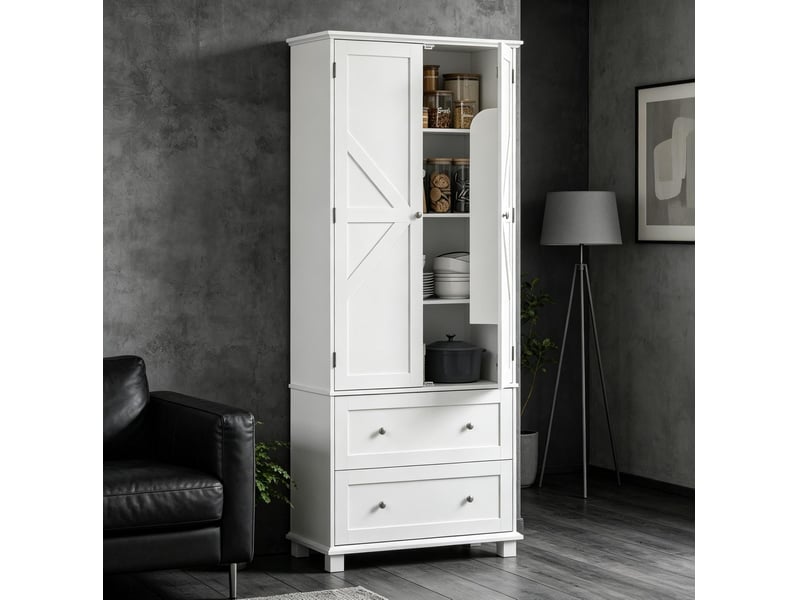  Buffet de cuisine haut à 2 portes et 2 tiroirs, étagères réglables, blanc  - Conforama D