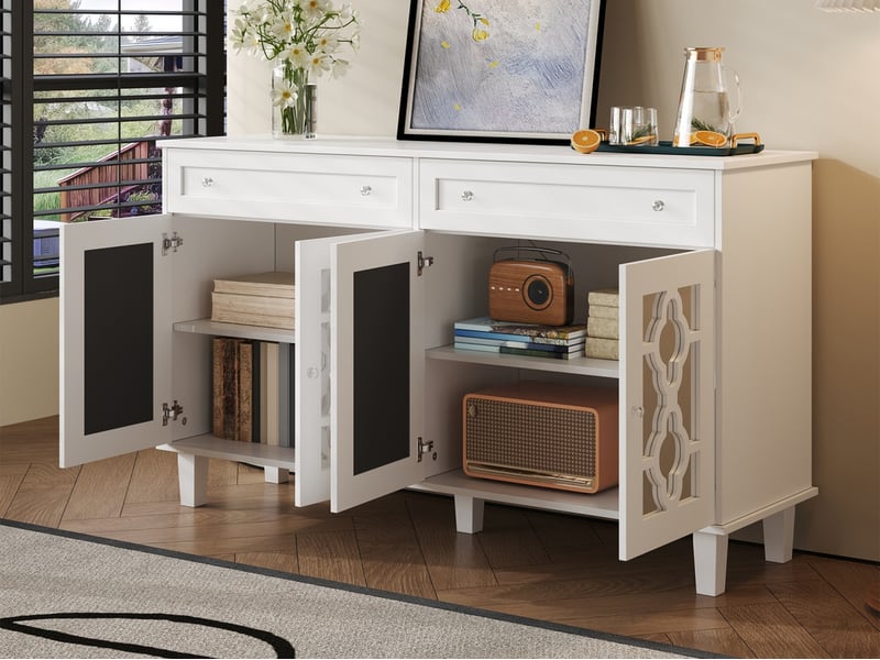  Buffet cuisine, 140 x 40 x 83 cm, vaisselier avec 4 portes miroir, 2 tiroirs et étagères réglables, blanc  - Conforama B