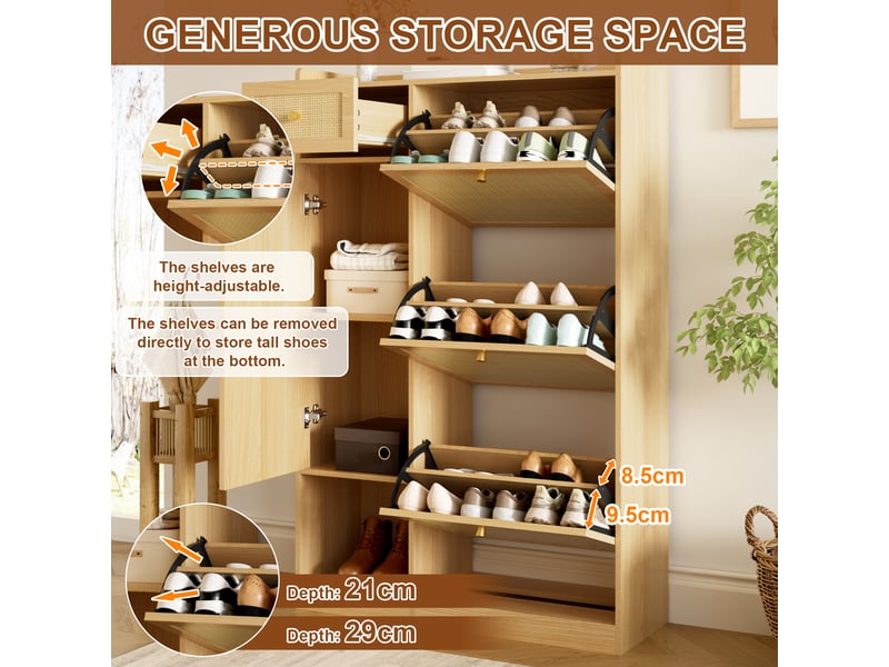  Meuble à chaussures 3 abattants 1 tiroir 1 porte effet rotin naturel 80.5x25x125 cm N657P468982N - Conforama D
