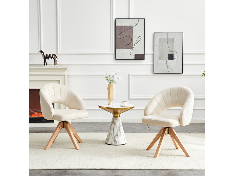  Lot de 2 chaises de salle à manger 41x41x84 cm, assise confort, fauteuil style rétro pivotant 360°, blanc, bois+tissu  - Conforama B