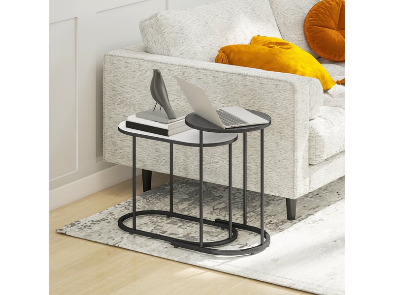  Lot de 2 tables basses gigognes, cadre en métal gris et blanc, tables d'appoint empilable style contemporain  - Conforama R