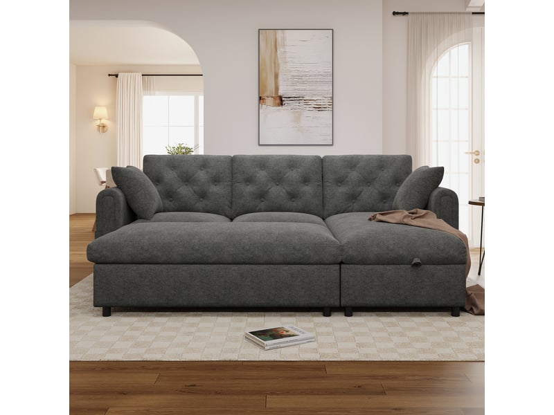  Canapé d'angle 4 places avec méridienne et pouf en velours gris, 219×131×86 cm, rangements intégrés, méridienne réversible  - Conforama R