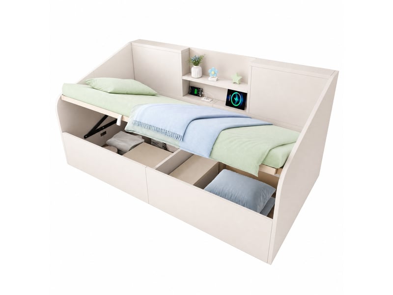  Lit banquette 90x190 cm – blanc – coffre hydraulique, étagères et station de charge usbtype-c  - Conforama A