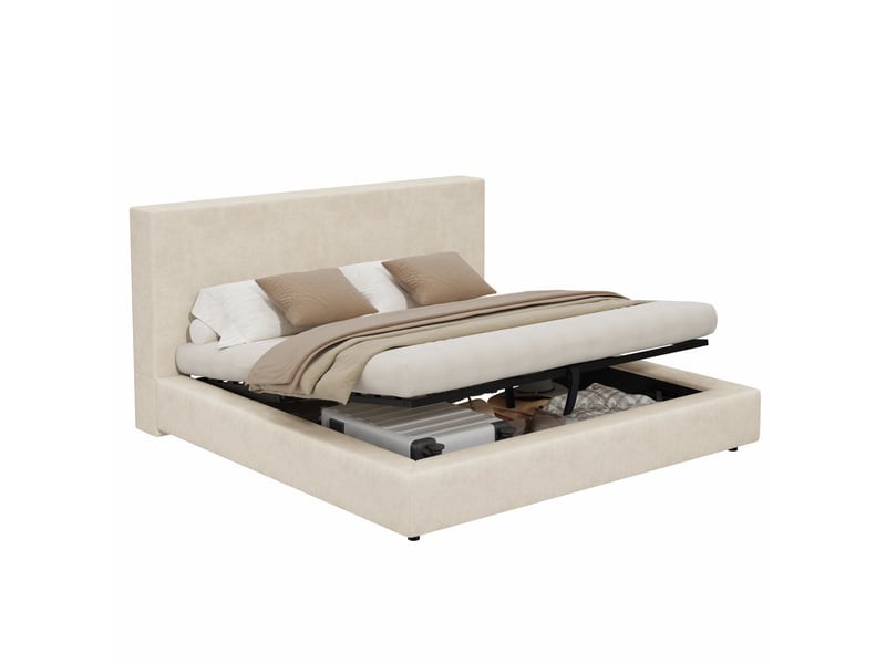  Lit coffre double 180x200 cm en chenille à ouverture hydraulique avec sommier à lattes beige chicfurn  - Conforama A