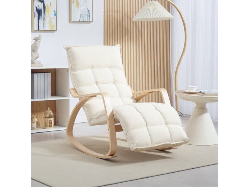  Fauteuil à bascule blanc crème 106x67x92cm dossier inclinable repose-pieds lin pour salon chambre balcon  - Conforama B