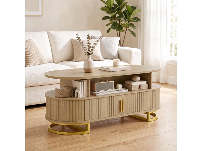 Table basse design ovale effet bois clair métal doré 2 portes coulissantes - Conforama D