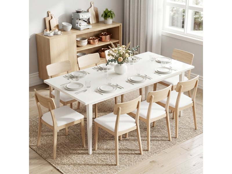  Table à manger pour 8 personnes, table de cuisine moderne avec pieds en bois massif, 180 cm, couleur crème  - Conforama C