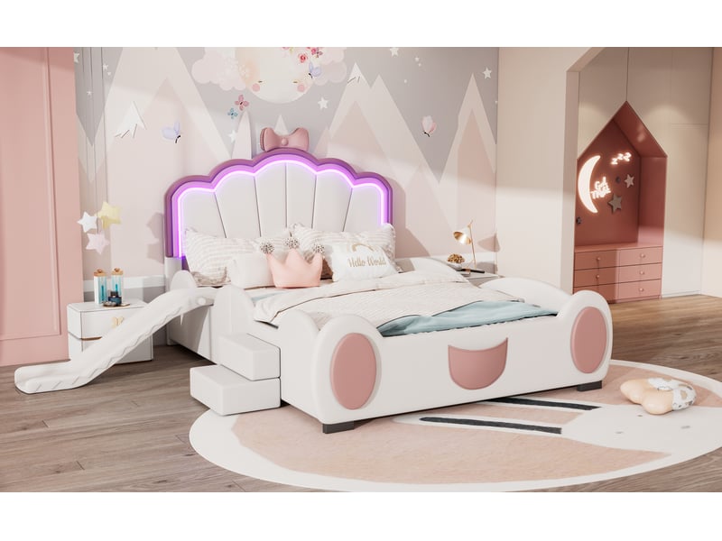Lit enfant 140x200 cm rose et blanc - motif papillon, toboggan, échelle et led, ludique et pratique - Conforama E