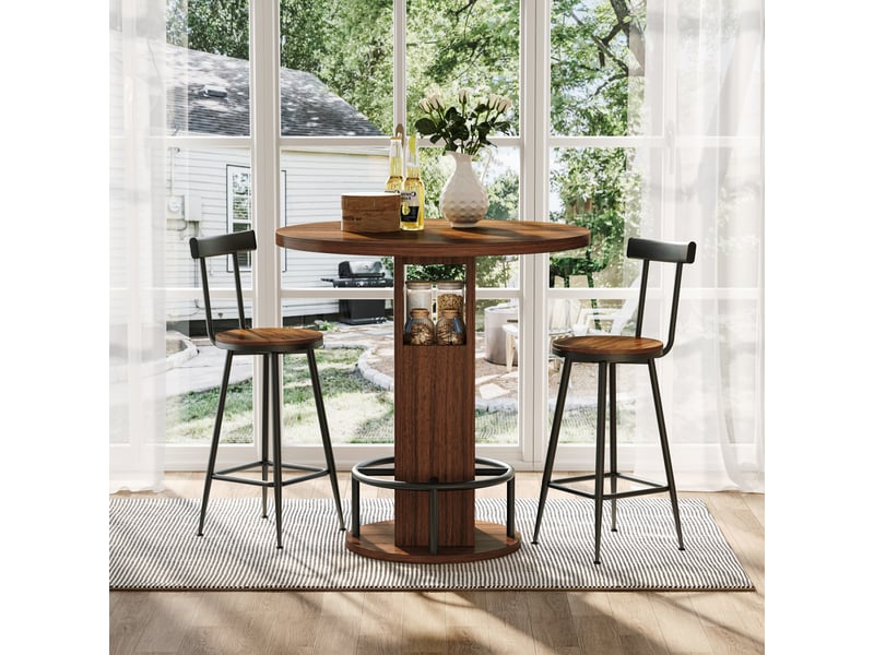  Ensemble table haute ronde avec deux tabourets, diamètre 80 cm, rangements intégrés, panneaux de particules et acier, effet noyer  - Conforama E