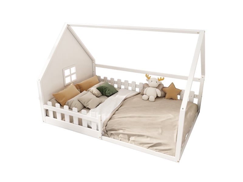 Lit enfant 140x200cm,lit cabane,lit plat en pin avec balustrade,blanc lit enfant blanc - Conforama A