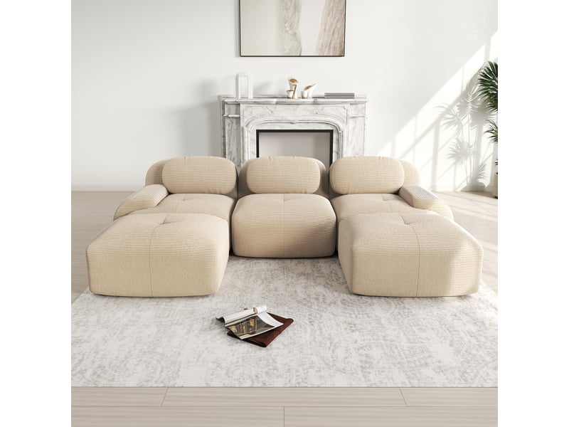 Canapé d'angle modulable 5 places en velours côtelé beige, sans montage, accoudoirs extra-larges - Conforama B