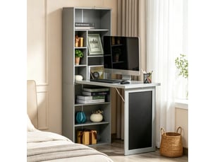 Bureau mural pliant avec étagères et tableau - plateau rabattable, mdf et bois de pin noir gris foncé
