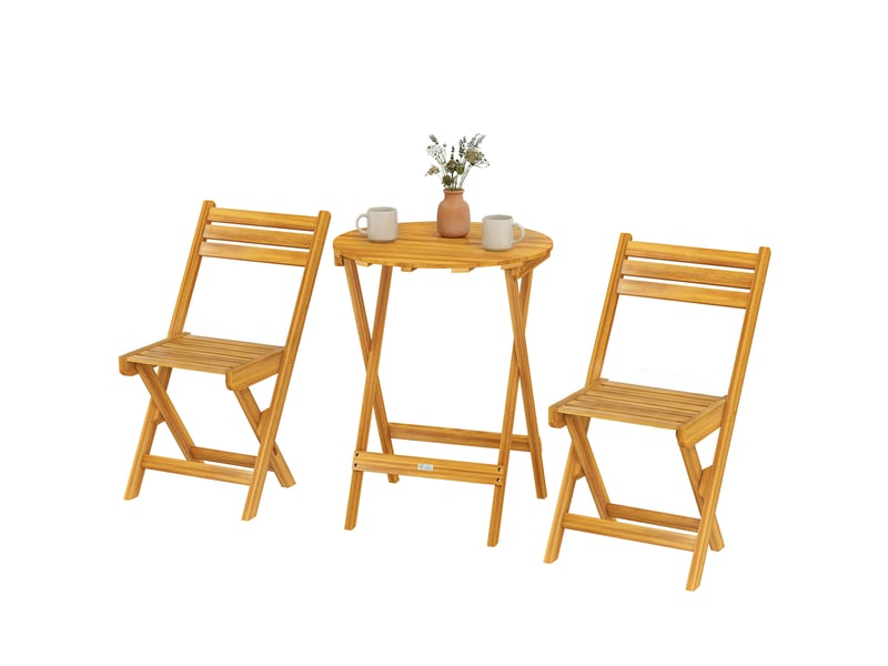 Ensemble de bistrot 3 pièces pliable en bois d'acacia avec table ronde et 2 chaises, san montage, 60x60x75cm, naturel - Conforama B