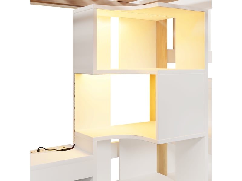  Lit mezzanine enfant 90x200 cm avec led, maison et bureau, pin et mdf, blanc et naturel, sans matelas  - Conforama D