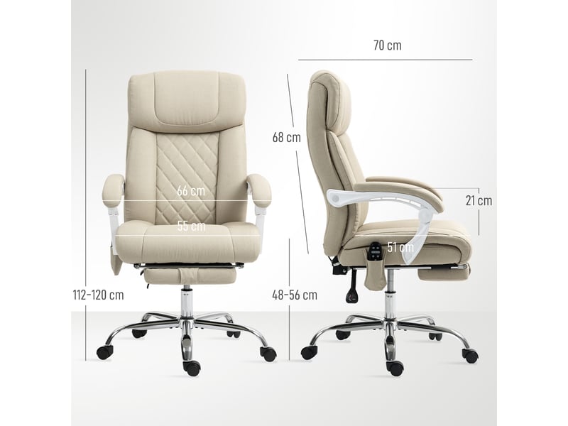 Fauteuil de bureau massant inclinable à dossier haut avec chauffage lombaire, repose-pieds et roulettes, 66 x 70 x 112-120 cm, beige - Conforama E