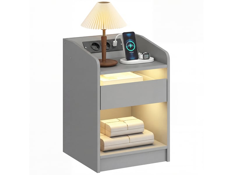  Table de chevet avec station de charge, éclairage led rgb, tiroir, étagère ouverte, ports usb et télécommande, 40 x 40 x 58 cm, grise  - Conforama A
