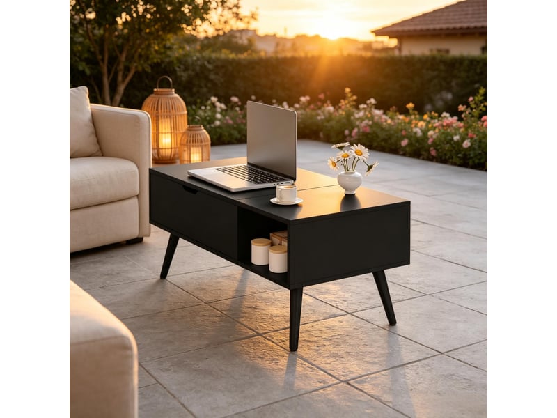  Table basse avec plateau relevable, table de salon multifonction en bois noir, 100x50 cm, grand espace de rangement caché  - Conforama W